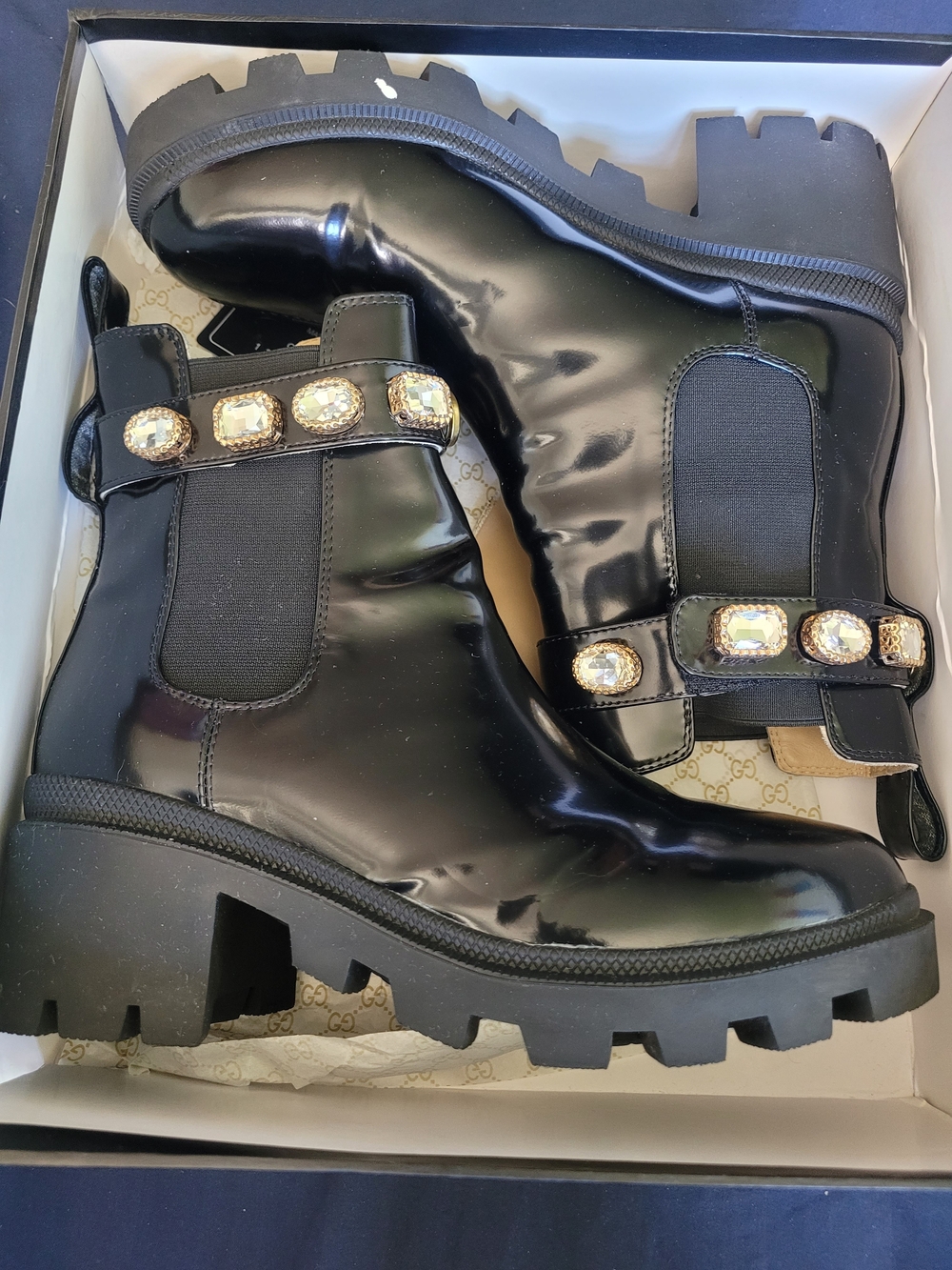 Gucci Black Patent Jewel-Embellished Chelsea Lug Boots Size IT 42